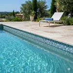 Finished gunite pool with custom masonry and clear water
